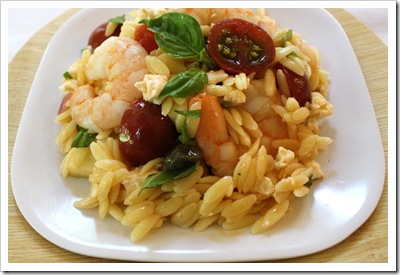 orzo salad with shrimp, four winds farm heirloom tomatoes, basil, feta cheese