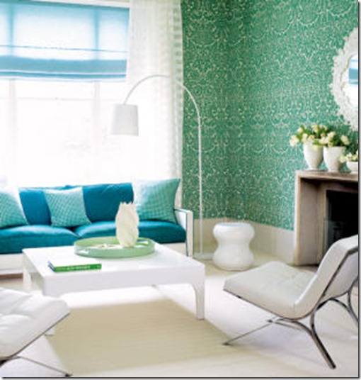 green wall paper in living room