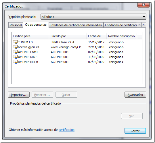 Certificados instalados en IE