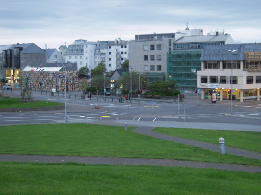 Looking down at the main center of the city circa 4 AM from a little hill in a park near the statue of Ingólfur Arnason.