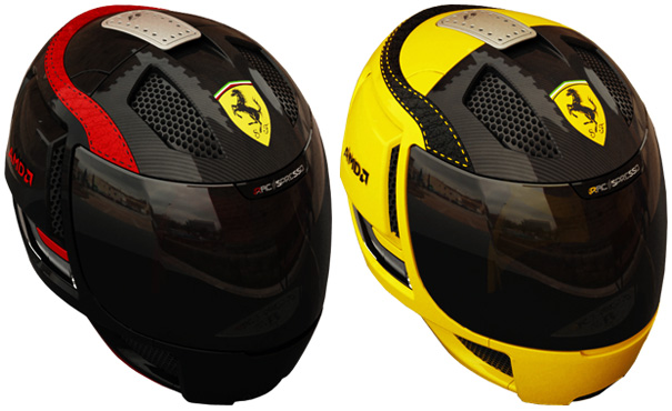 красная и желтая кофеварка Ferrari в виде шлема