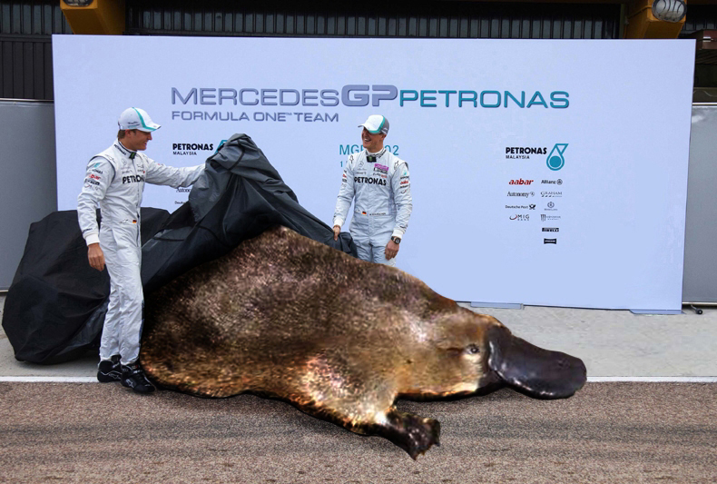 Нико Росберг и Михаэль Шумахер презентуют новый болид Mercedes GP утконос
