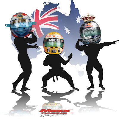 обладатели подиуму Виталий Петров Льюис Хэмилтон и Себастьян Феттель на Гран-при Австралии 2011 от Maxx Racing