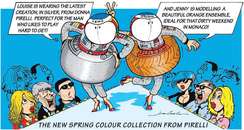 Дженсон Баттон и Льюис Хэмилтон демонстрируют новую разноцветную резину Pirelli комикс Jim Bamber