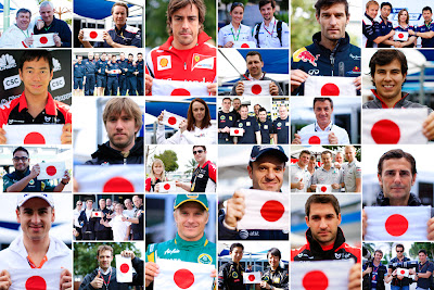 гонщики и сотрудники команд с флагом Японии для приложения You are connected от Камуи Кобаяши