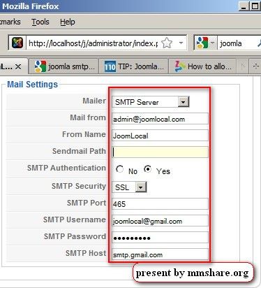 Using Gmail as SMTP Server in Joomla Site