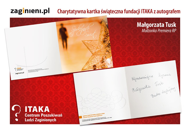 www.zaginieni.pl, fundacja ITAKA, Centrum Poszukiwań Ludzi Zaginionych, charytatywna kartka świąteczna fundacji ITAKA z autografem