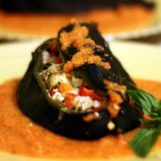 Cheese- and Shrimp-Stuffed Roasted Poblanos with Red Bell Pepper Sauce