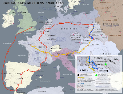 Using multiple false identities, means of transport and ingenuity, risking his own life, Karski undertook four missions as a Polish Underground courier: Missions No. 1 & 2. 1940 - yellow line Warsaw-Angers-Warsaw; Mission No. 3. 1940 - blue line Warsaw-Angers, aborted in Demjata, Slovakia; Mission No. 4. 1942 - red line Warsaw-London via Brussels, Paris, Perpignan, Barcelona, Madrid, Gibraltar.