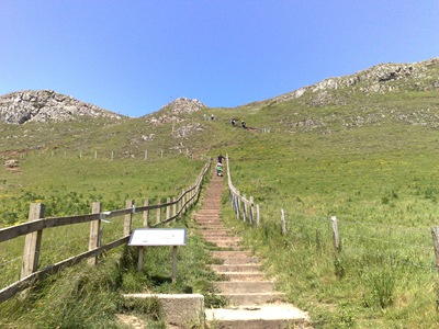 Long walk up a cliff. 