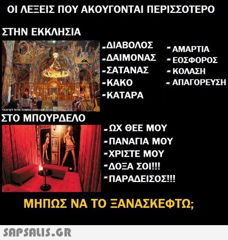 ΟΙ ΛΕΞΕΙΣ ΠΟΥ ΑΚΟΥΓΟΝΤΑΙ ΠΕΡΙΣΣΟΤΕΡΟ ΣΤΗΝ ΕΚΚΛΗΣΙΑ ΔΙΑΒΟΛΟΣ -ΑΜΑΡΤΙΑ -ΔΑΙΜΟΝΑΣ -ΕΟΣΦΟΡΟΣ ΣΑΤΑΝΑΣ -ΚΟΛΑΣΗ -KAKO -KATAPA ΑΠΑΓΟΡΕΥΣΗ ΣΤΟ ΜΠΟΥΡΔΕΛΟ ΩΧ ΘΕΕ ΜΟΥ -ΠΑΝΑΓΙΑ ΜΟΥ -ΧΡΙΣΤΕ ΜΟΥ -ΔΟΞΑ ΣΟΙ!! ΠΑΡΑΔΕΙΣΟΣ!! ΜΗΠΩΣ ΝΑ ΤΟ ΞΑΝΑΣΚΕΦΤΩ;
