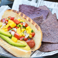 Hawaiian Hot Dogs with Mango Salsa and Pineapple Mustard