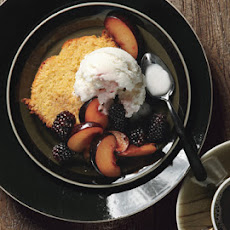 Orange Polenta Cake with Vanilla-Scented Plums and Blackberries and Buttermilk Ice Cream