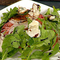 Stack Salad of Beefsteak Tomatoes, Onions, Roquefort Cheese with Balsamic Syrup Drizzle