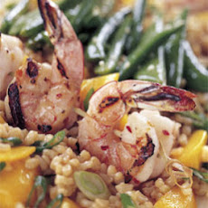 Spicy Grilled Shrimp with Rice and Mango Salad and Sesame Sugar Snap Peas