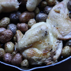 Cast Iron Chicken with Roasted Root Vegetables and White Wine Jus