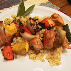 Grilled Chicken and Veggie Kabobs Atop Sage Rice