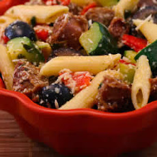 Pasta Salad Recipe with Italian Sausage, Zucchini, Red Pepper, and Olives