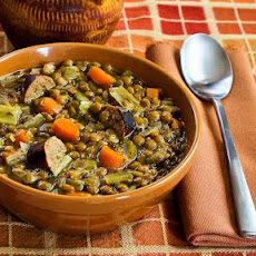 Slow Cooker Lentil Soup with Turkey Bratwurst, Leeks, and Sherry Vinegar
