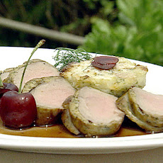 Herb Crusted Veal Tenderloin and Celery Root and Pear Sformato with Cherry Sauce
