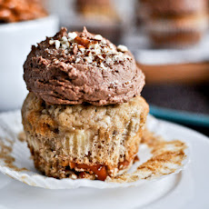 Pretzel Bottomed Banana Bread Cupcakes with Chocolate Peanut Butter Frosting