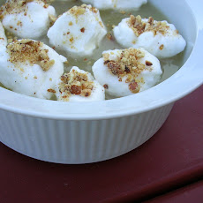 Gooseberry Soup with Floating Islands and Almond Crunch