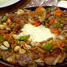 Sauteed Lamb Chops with Peppers and Celery Root Mash