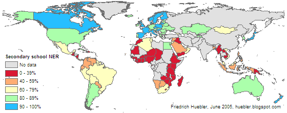Map of the world showing secondary school net enrollment rate for each country in 2002/03
