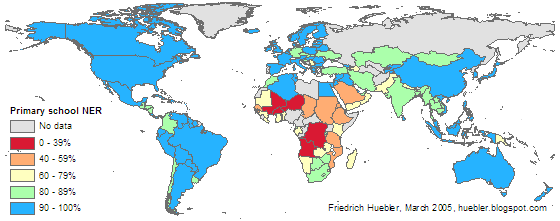 Map of the world showing primary school net enrollment rate for each country