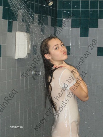 miley cyrus shower photo scandal, hannah montana star miley cyrus wet shirt show picture is possibly photoshoped.