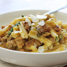 Pasta with Spicy Sausage, Baby Spinach and Creamy Butternut Sauce