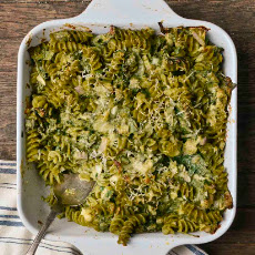 Double Spinach Pasta Casserole with Pesto & Asiago Cheese