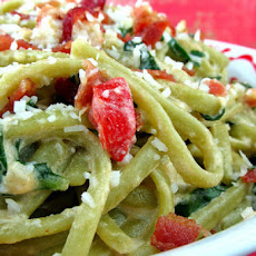 Spinach Linguine with Goat Cheese and Bacon