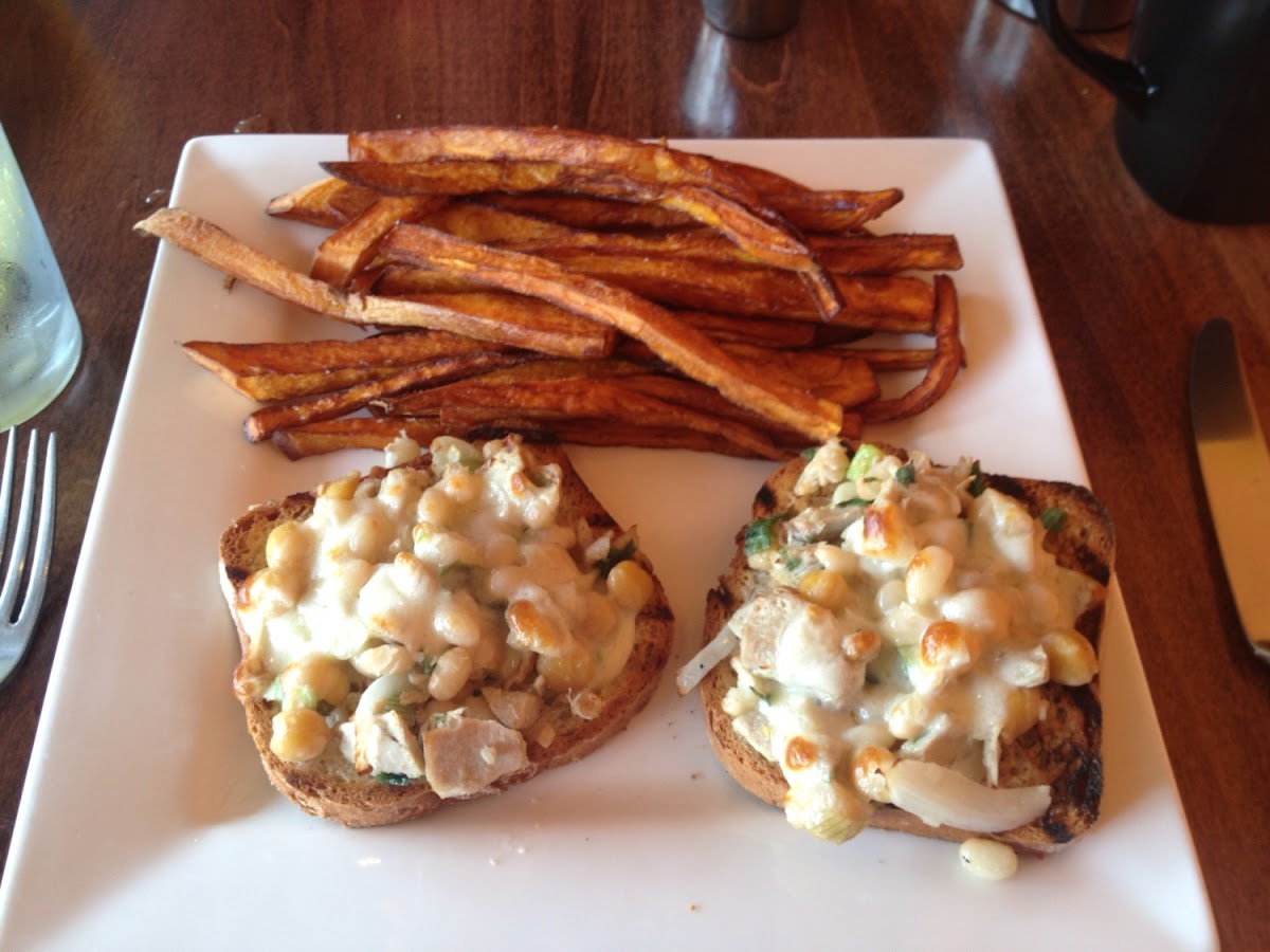 Pan fried sweet potato fries with a tuna melt