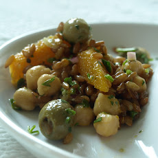 Cumin Infused Olives in Rye Garbanzo Bean Salad with Oranges