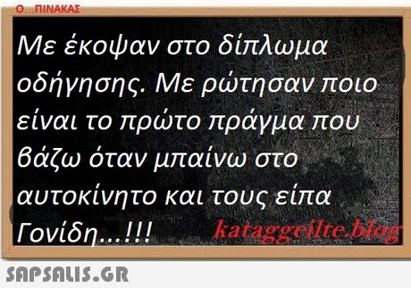 Ο ΠΙΝΑΚΑΣ Με έκοψαν στο δίπλωμα οδήγησης. Με ρώτησαν ποιο είναι το πρώτο πράγμα που βάζω όταν μπαίνω στο αυτοκίνητο και τους είπα Γονίδη  kataggeilte.blo