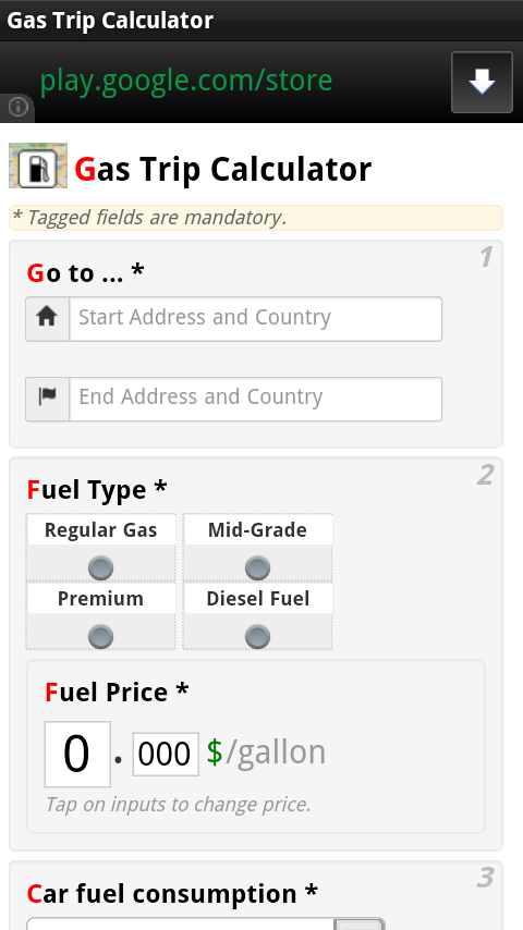 Android application Gas Trip Calculator screenshort