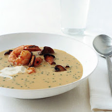 Cream of Cope's Corn Soup with Shrimp and Wild Mushrooms