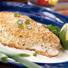 Sesame-crusted Halibut with Poblano Cream Sauce