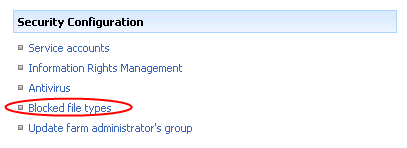 Managing blocked file types in SharePoint central administration.