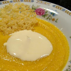 Orange Cauliflower and Fuji Apple Soup with Sage Cream and Aged Cheddar Tuiles