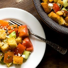 Tomato and cucumber salad with cornbread croutons