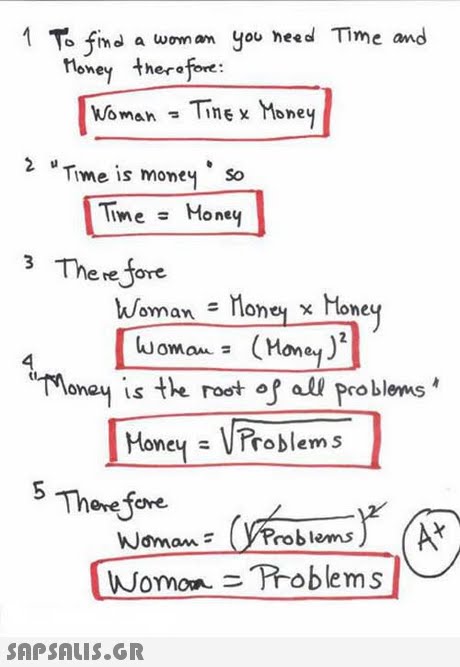 o find a woman you heed Time and Homey therefoe Woman Tne x Mone me is moey so Time Hone 3 There fore Woman Hone x Money oman(Hone) ona is the rost o all problems Moneyrlems Theve for Woman- roblems WomonPoblem s 