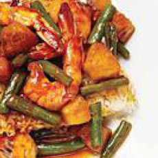 Hoisin-Glazed Shrimp over Crispy Noodle Cake