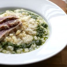 Charred Corn Risotto with Seared Tuna and Jalapeno-Basil Oil