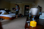 Cooking breakfast in our hotel room at the Niigata Russian Village Haikyo
