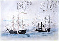 A depiction of the Black Ships, which "opened" Japan to trade and diplomatic relations with the United States, ending two centuries of Japanese isolationism.