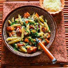 Easy Penne Pasta with Balsamic Sweet Potatoes, Baby Arugula (or Spinach), and Parmesan