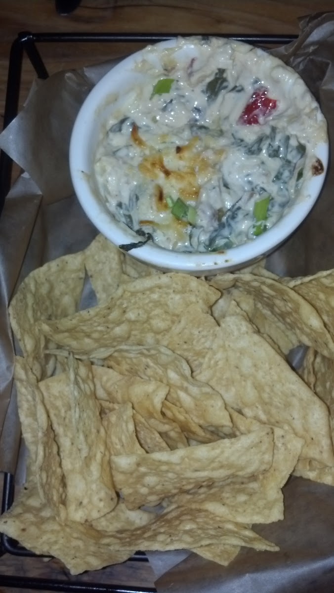 spinach artichoke dip with house made corn chips