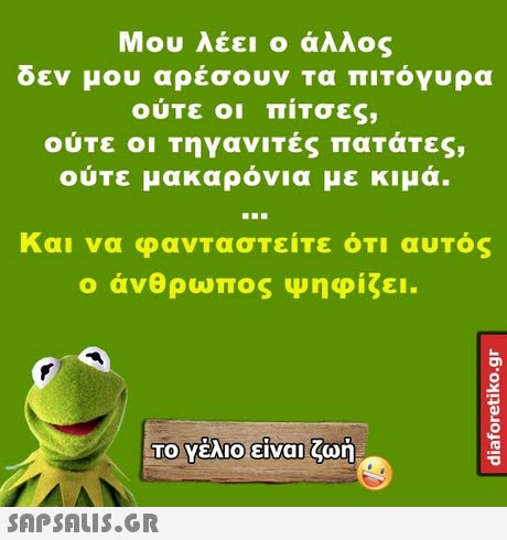 Μου λέει ο άλλος δεν μου αρέσουν τα πιτόγυρα ούτε οι πίτσες, ούτε οι τηγανιτές πατάτες, ούτε μακαρόνια με κιμά. Και να φανταστείτε ότι αυτός ο άνθρωπος Ψηφίζει ΤΟ Υέλιο-είναι ζωή 